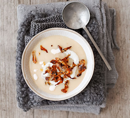 Creamy artichoke soup with Parmesan skins