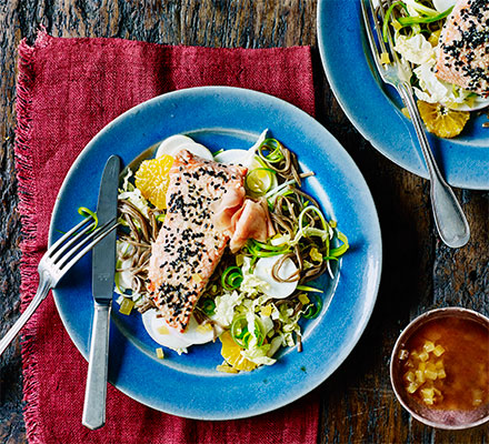 Crispy salmon with turnip, mandarin & noodle salad