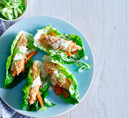 Harissa fish goujons in lettuce cups