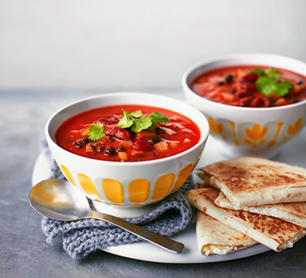 Mexican bean soup with crispy feta tortillas