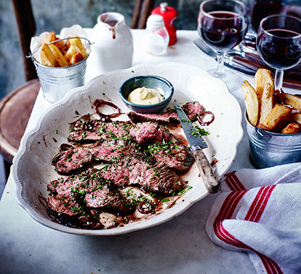 Onglet with red wine shallots