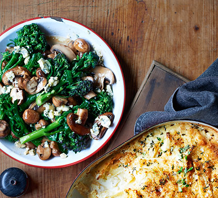 Sautéed sprouting broccoli with mushrooms & stilton