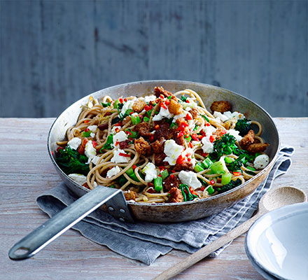 Spelt spaghetti with chilli, sprouting broccoli & pancetta