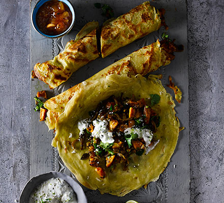 Sweet potato masala dosa with coconut raita