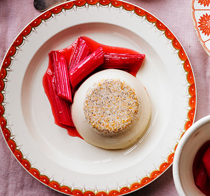 Tonka bean panna cotta with roasted rhubarb