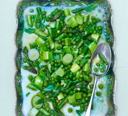 Butter-poached asparagus, leeks & peas