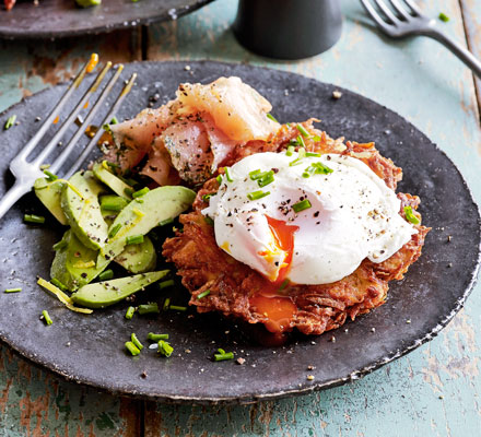 Horseradish latkes with avocado, gravadlax & poached eggs