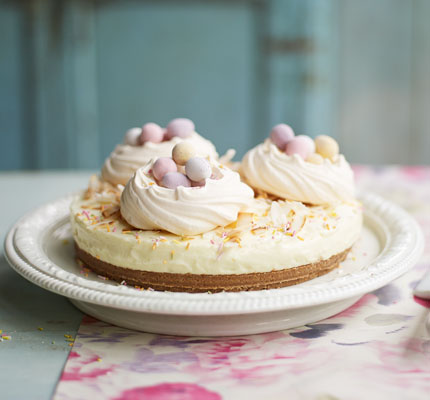 Meringue nest cheesecake with mini eggs