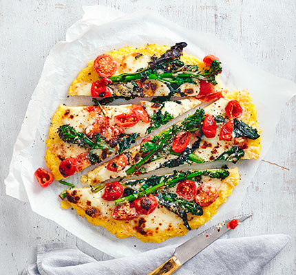 Polenta pizza with purple sprouting broccoli & mozzarella