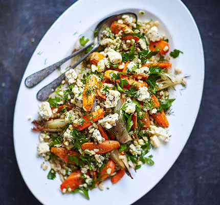 Warm pearl barley & roasted carrot salad with dill vinaigrette