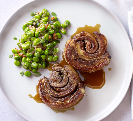 Crispy lamb breast with broad beans, chilli & marjoram