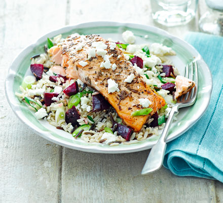 Spiced salmon with beetroot, feta & wild rice