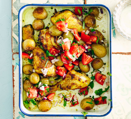 Curried chicken & new potato traybake