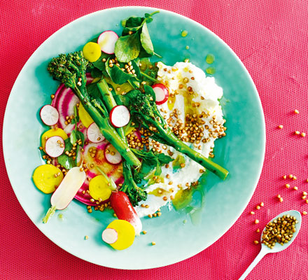 Goat’s curd & spring greens salad with popped buckwheat