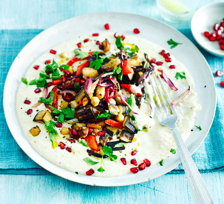 Lemon roast vegetables with yogurt tahini & pomegranate