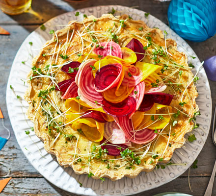 Potted shrimp tart with shaved rainbow beet salad