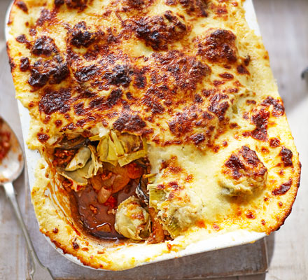 Artichoke, aubergine & lamb moussaka