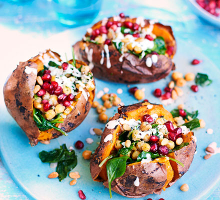 Crispy sweet potatoes with chickpeas & tahini yogurt