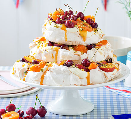 Cherry, apricot, peach & pistachio meringue stack