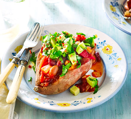 Chilli & avocado salsa sweet potatoes