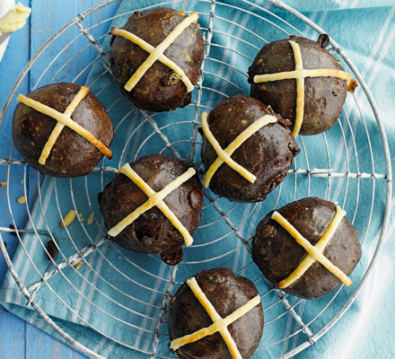 Double choc hot cross buns