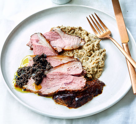 Harissa lamb with smoked aubergine & black olive dressing