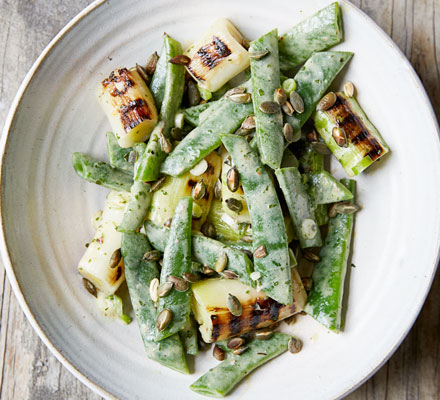 Runner beans & charred leeks with vinaigrette