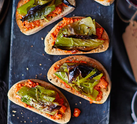 Burnt leeks on toast with romesco