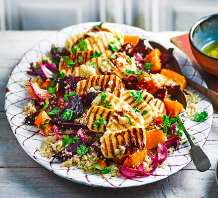 Roasted vegetable quinoa salad with griddled halloumi