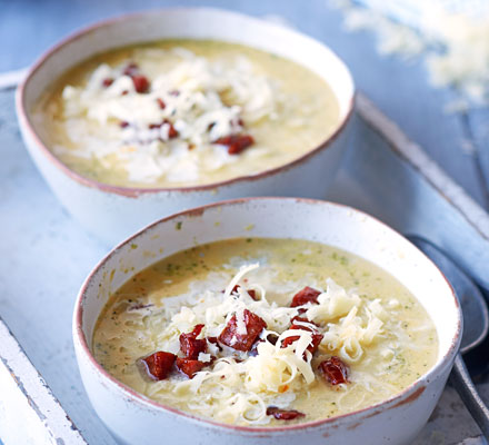 Broccoli, gruyère & chorizo soup