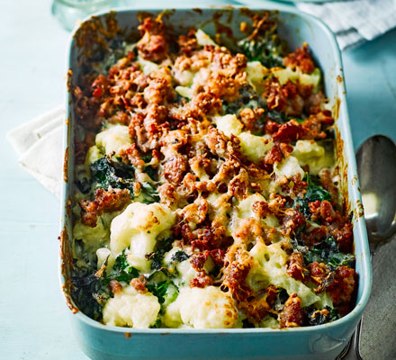 Cauli-kale sausage bake