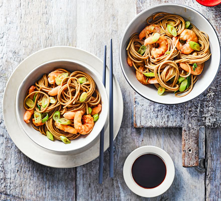 Soba noodles with wasabi garlic prawns