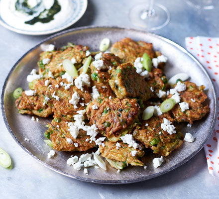 Spiced pea & courgette fritters with minty yogurt dip