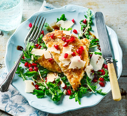 Turkey schnitzel with rocket & pomegranate salad