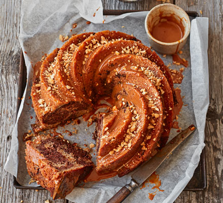 Banana & choc bundt cake with peanut caramel drizzle