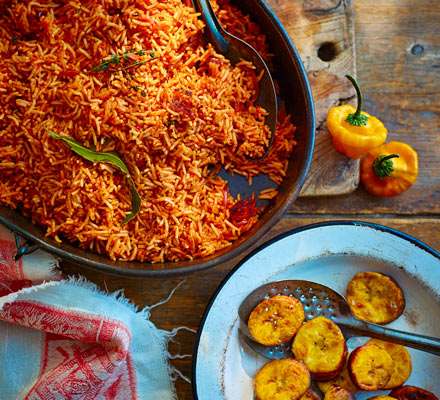 Smoky spiced Jollof rice & coconut-fried plantain