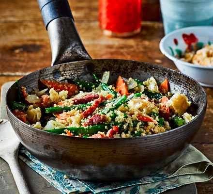 Egg-fried cauliflower rice with prawn cracker crumbs