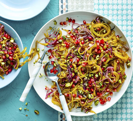 Roasted squash & red onion with pistachios