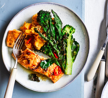 Sesame salmon, purple sprouting broccoli & sweet potato mash