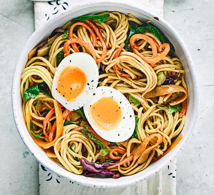 Veg-packed noodle & egg bowl