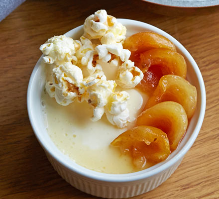 Yogurt panna cotta, hunza apricots & popcorn