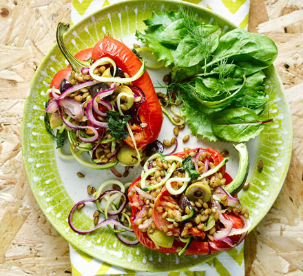 Mediterranean spelt-stuffed peppers