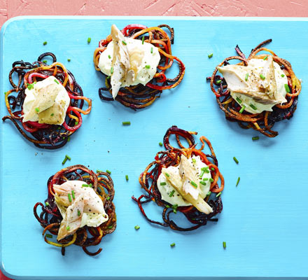 Smoked mackerel & horseradish on baked beetroot rostis