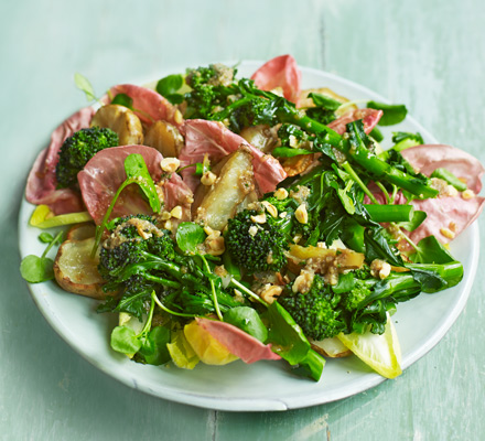 Purple sprouting broccoli with anchovy & hazelnut pesto