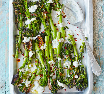 Purple sprouting broccoli with preserved lemon dip