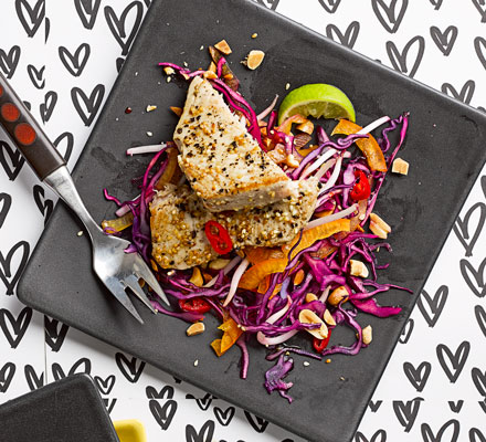 Sesame tuna steaks with Asian slaw