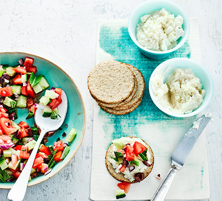 Bean & feta spread with Greek salad salsa & oatcakes