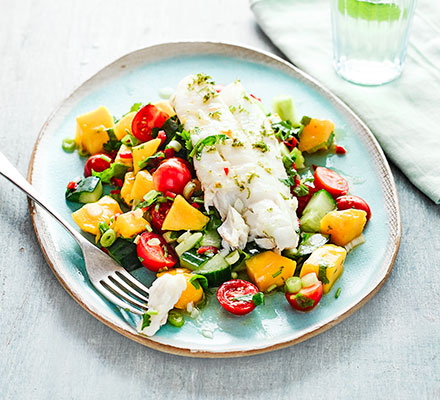 Cod with cucumber, avocado & mango salsa salad