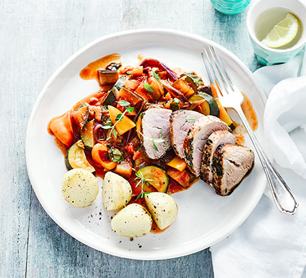 Herb & garlic pork with summer ratatouille