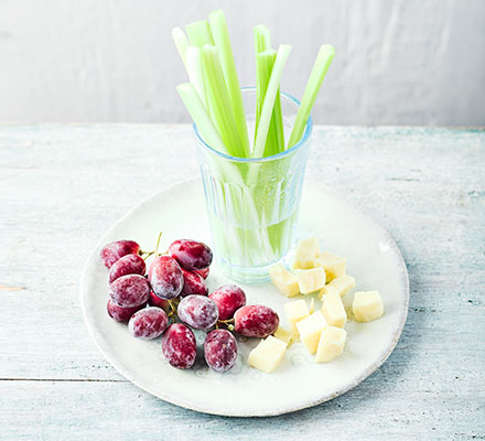 Iced grapes with cheddar cubes & celery